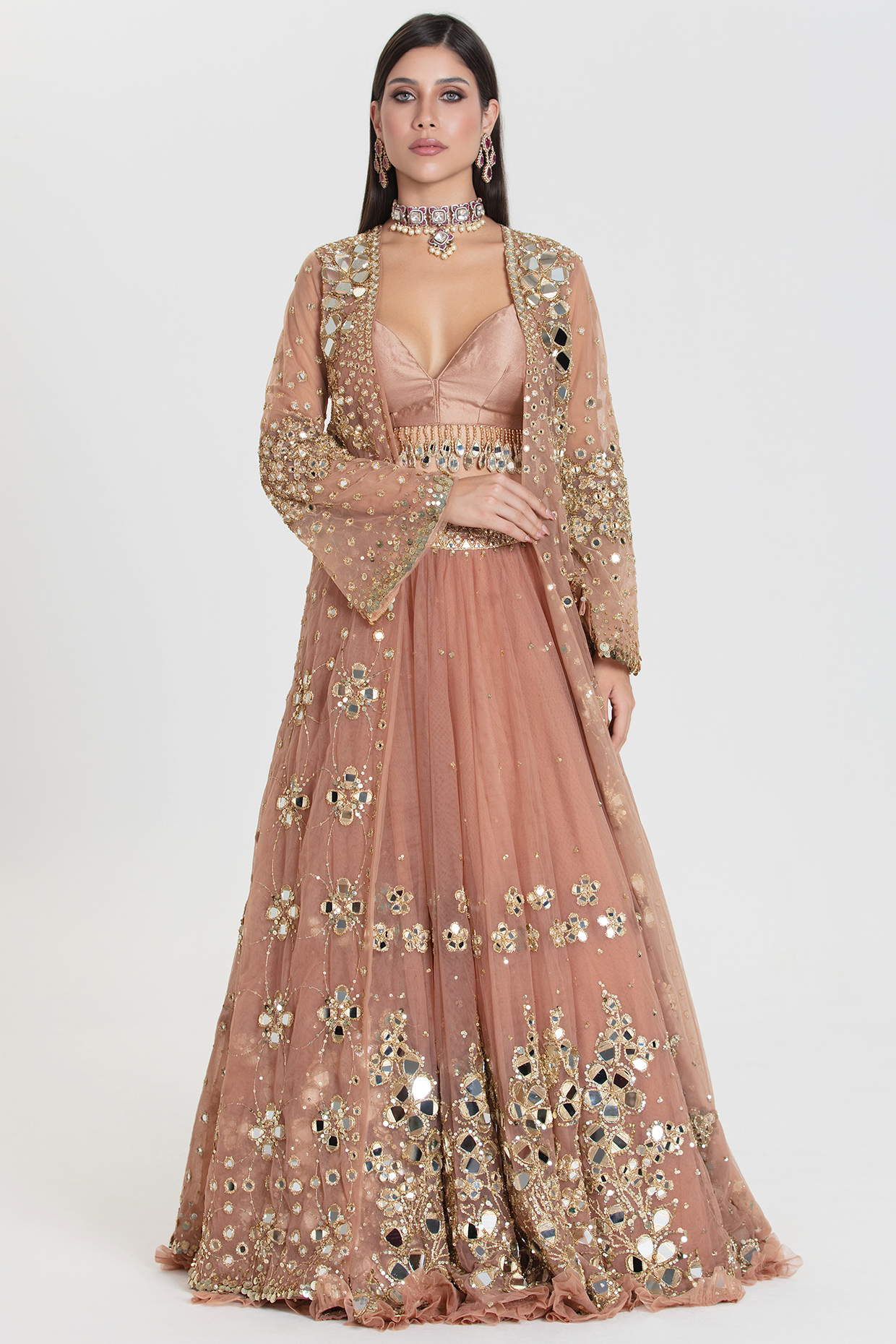 Caramel Colored Net Sequins Embroidered Jacket Bridal Lehenga Set by Abhinav Mishra at Pernia's Pop Up Shop