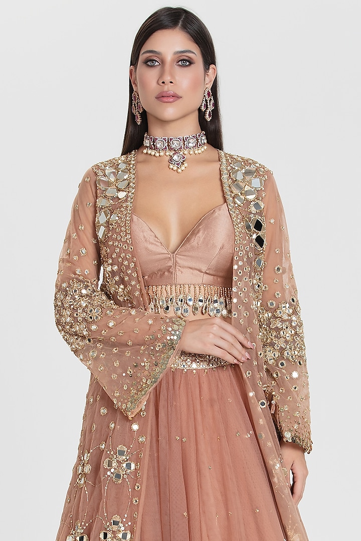 Caramel Colored Net Sequins Embroidered Jacket Bridal Lehenga Set by Abhinav Mishra at Pernia's Pop Up Shop