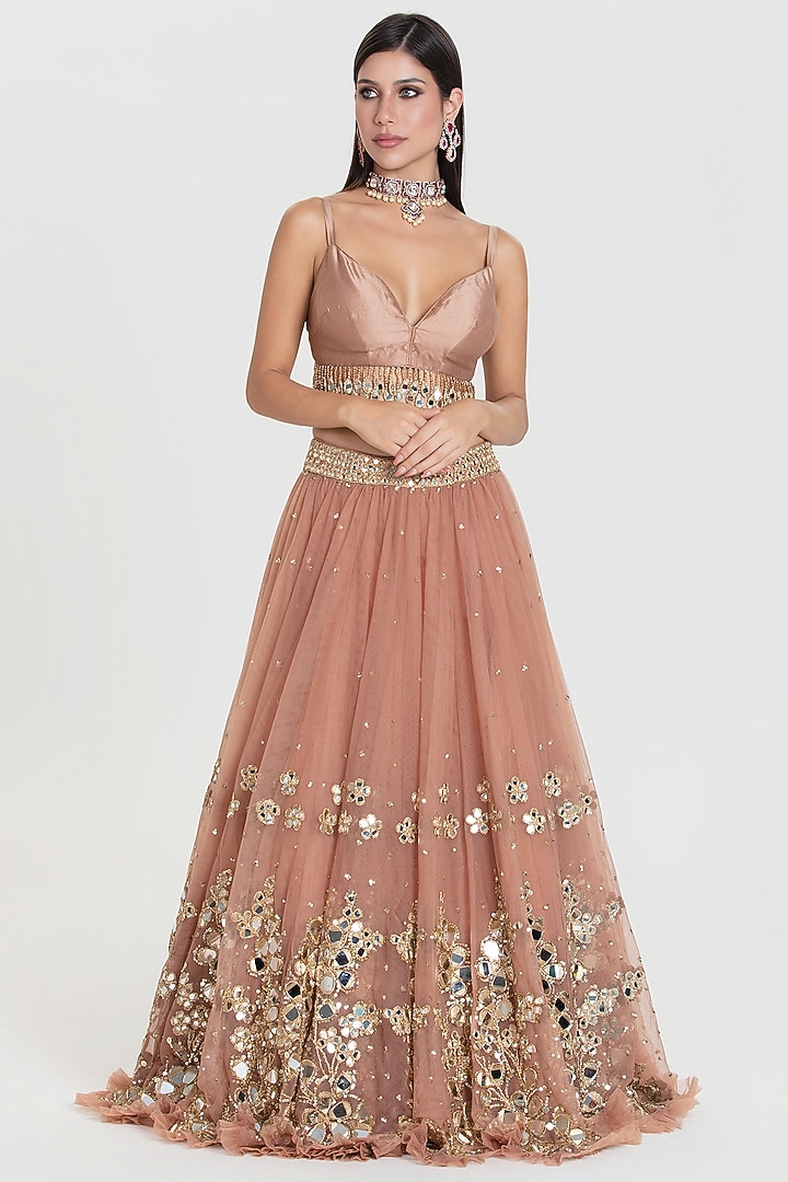 Caramel Colored Net Sequins Embroidered Jacket Bridal Lehenga Set by Abhinav Mishra at Pernia's Pop Up Shop
