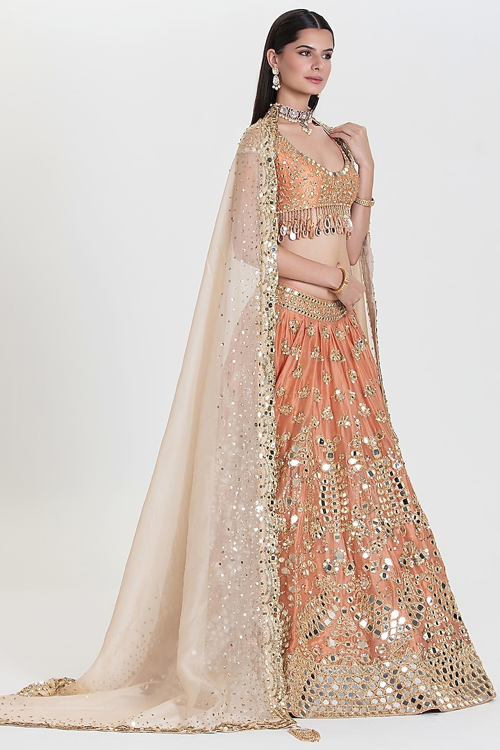 Peach Organza Sequins Embroidered Bridal Lehenga Set by Abhinav Mishra at Pernia's Pop Up Shop