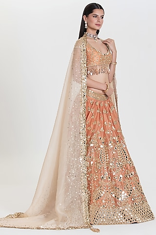 Peach Organza Sequins Embroidered Lehenga Set by Abhinav Mishra