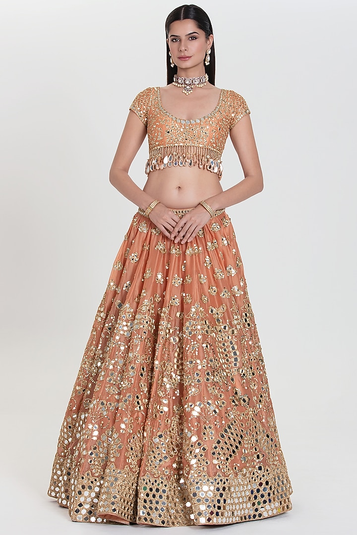 Peach Organza Sequins Embroidered Bridal Lehenga Set by Abhinav Mishra at Pernia's Pop Up Shop