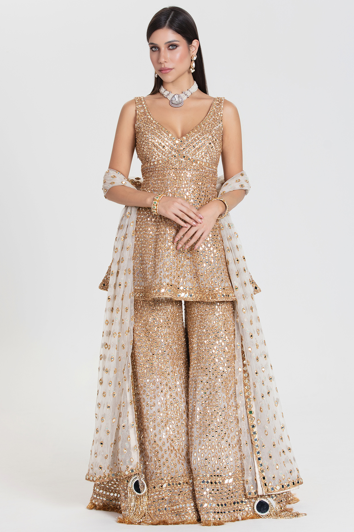 Ivory Net Mirror Embroidered Bridal Sharara Set by Abhinav Mishra at Pernia's Pop Up Shop