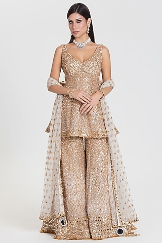 Ivory Net Mirror Embroidered Sharara Set by Abhinav Mishra