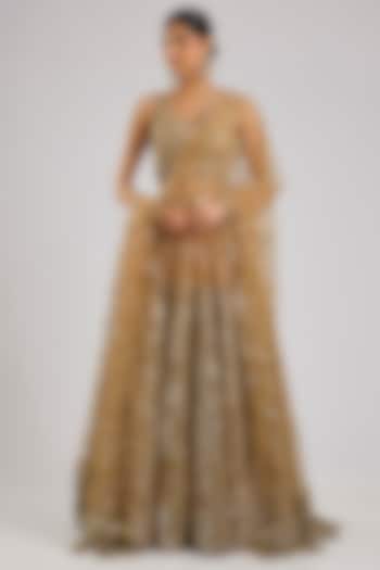 Gold Net Mirror Embroidered Bridal Lehenga Set by Abhinav Mishra at Pernia's Pop Up Shop