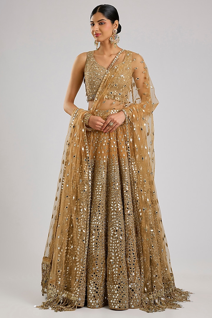 Gold Net Mirror Embroidered Bridal Lehenga Set by Abhinav Mishra at Pernia's Pop Up Shop