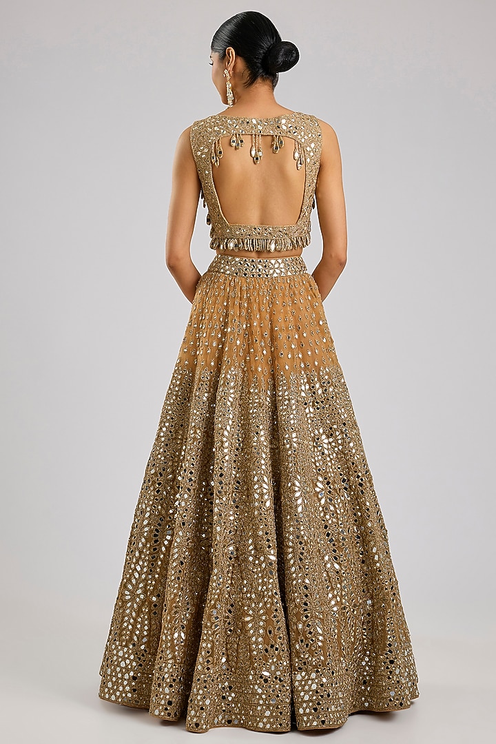 Gold Net Mirror Embroidered Bridal Lehenga Set by Abhinav Mishra at Pernia's Pop Up Shop