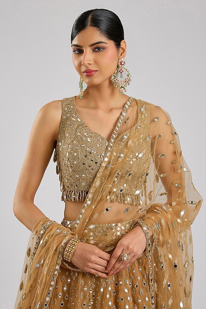 Gold Net Mirror Embroidered Bridal Lehenga Set by Abhinav Mishra at Pernia's Pop Up Shop