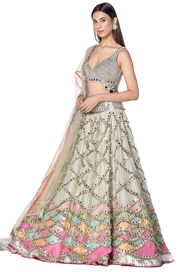 Leaf Green Chanderi Hand Embroidered Bridal Lehenga Set by Abhinav Mishra at Pernia's Pop Up Shop
