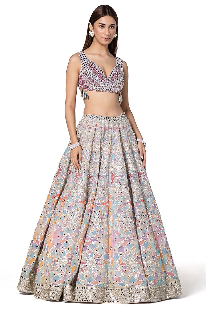 Multi-Colored Chanderi Printed & Embroidered Bridal Lehenga Set by Abhinav Mishra at Pernia's Pop Up Shop