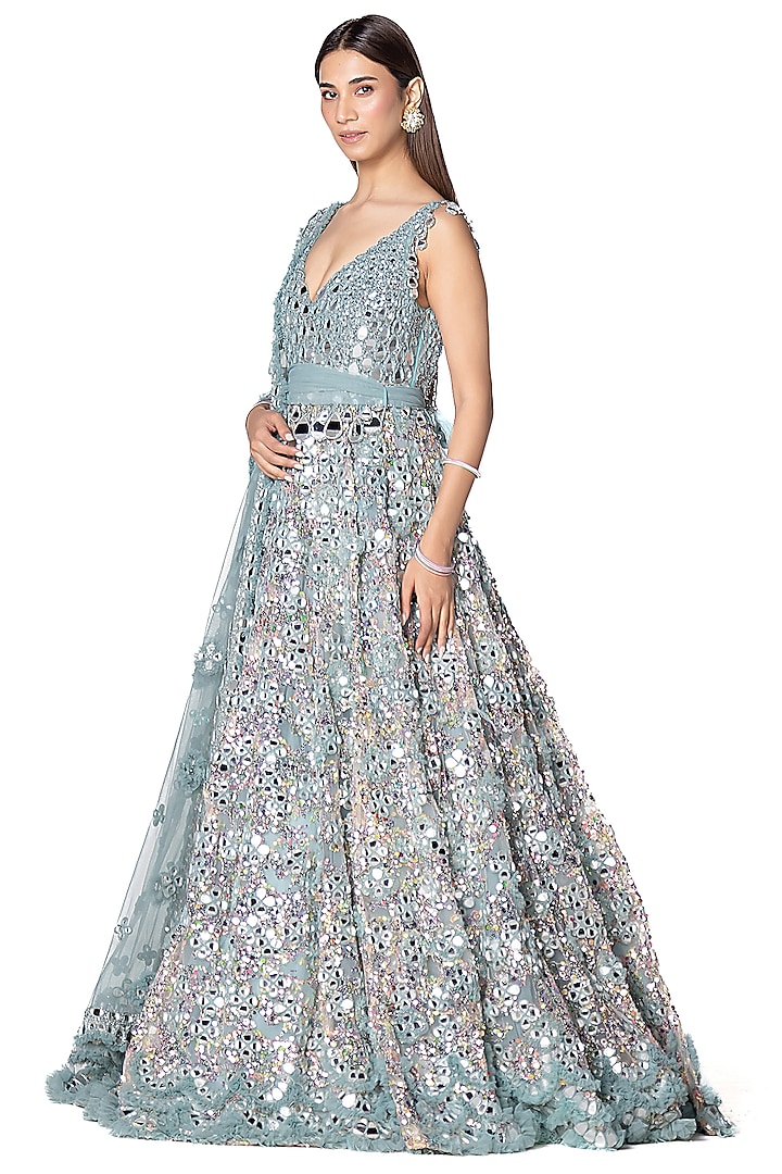 Aqua Blue Net Embroidered Bridal Anarkali Set by Abhinav Mishra at Pernia's Pop Up Shop