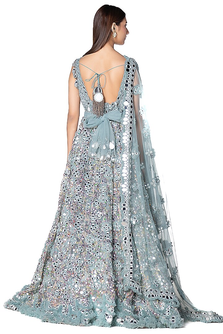 Aqua Blue Net Embroidered Bridal Anarkali Set by Abhinav Mishra at Pernia's Pop Up Shop