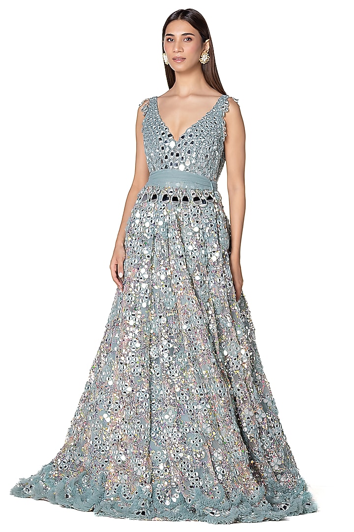 Aqua Blue Net Embroidered Bridal Anarkali Set by Abhinav Mishra at Pernia's Pop Up Shop