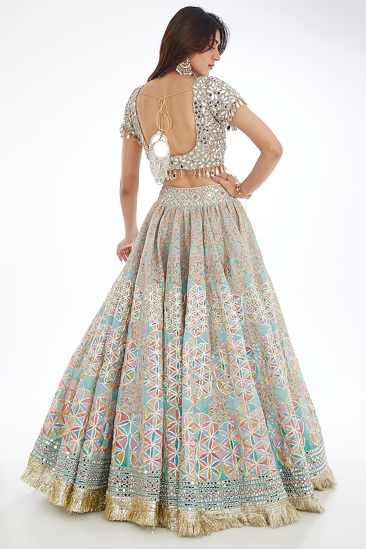 Pastel Aqua Chanderi Printed & Embroidered Bridal Lehenga Set by Abhinav Mishra at Pernia's Pop Up Shop