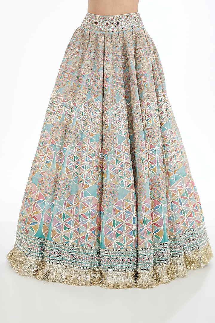 Pastel Aqua Chanderi Printed & Embroidered Bridal Lehenga Set by Abhinav Mishra at Pernia's Pop Up Shop