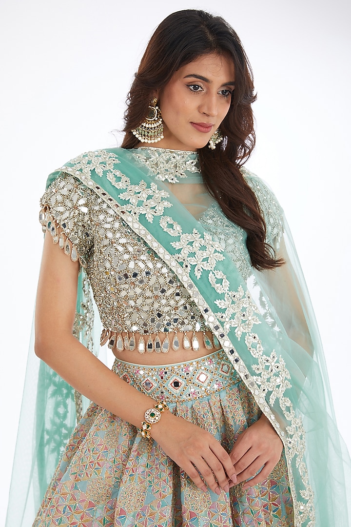 Pastel Aqua Chanderi Printed & Embroidered Bridal Lehenga Set by Abhinav Mishra at Pernia's Pop Up Shop