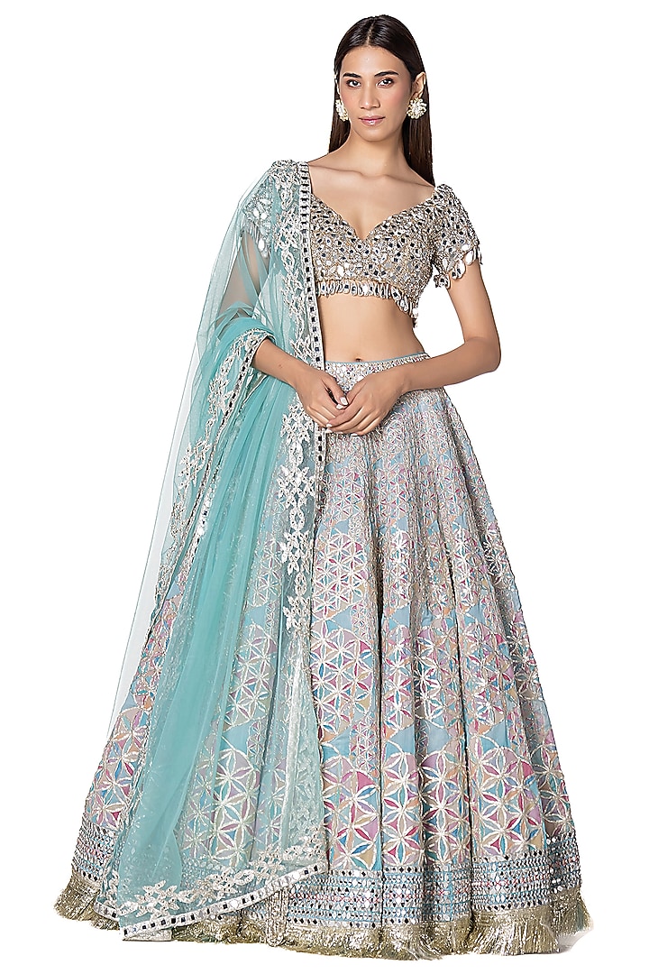 Pastel Aqua Chanderi Printed & Embroidered Bridal Lehenga Set by Abhinav Mishra at Pernia's Pop Up Shop