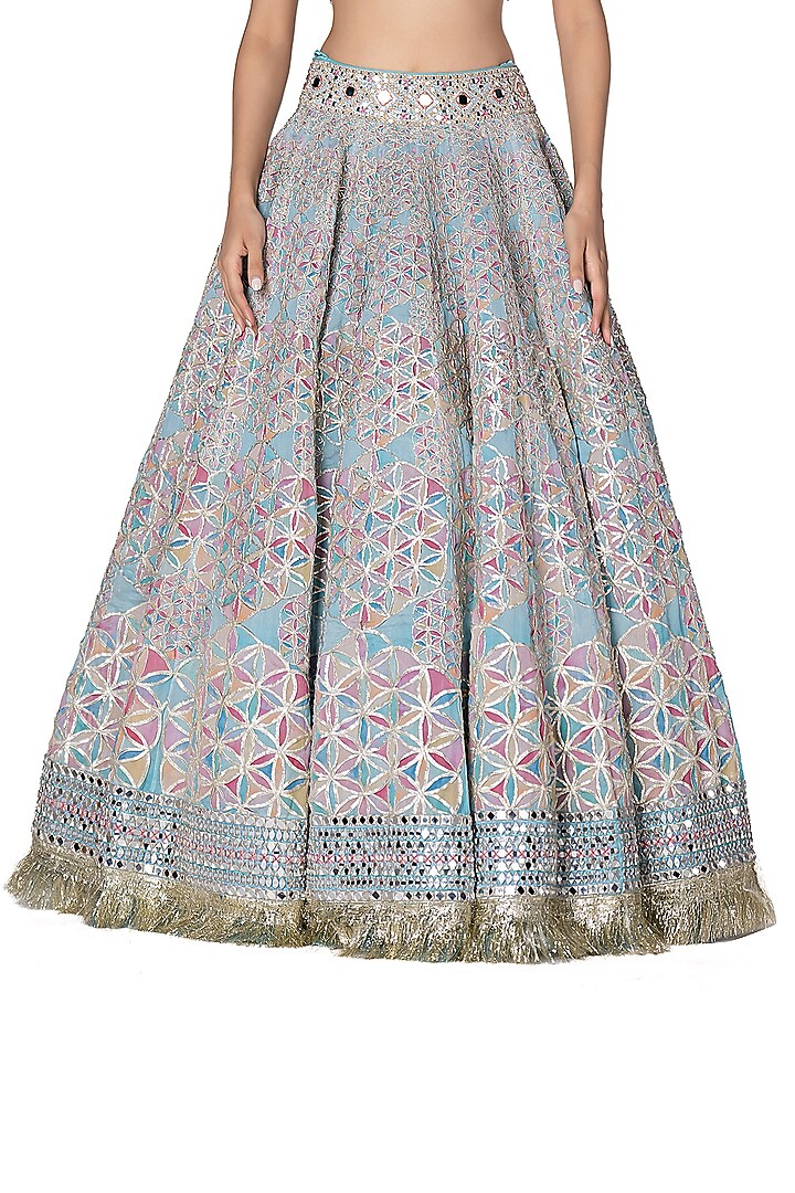Pastel Aqua Chanderi Printed & Embroidered Bridal Lehenga Set by Abhinav Mishra at Pernia's Pop Up Shop