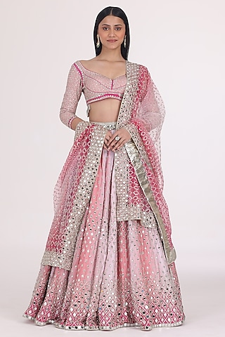 Pastel Pink Chanderi Printed Lehenga Set by abhinav mishra