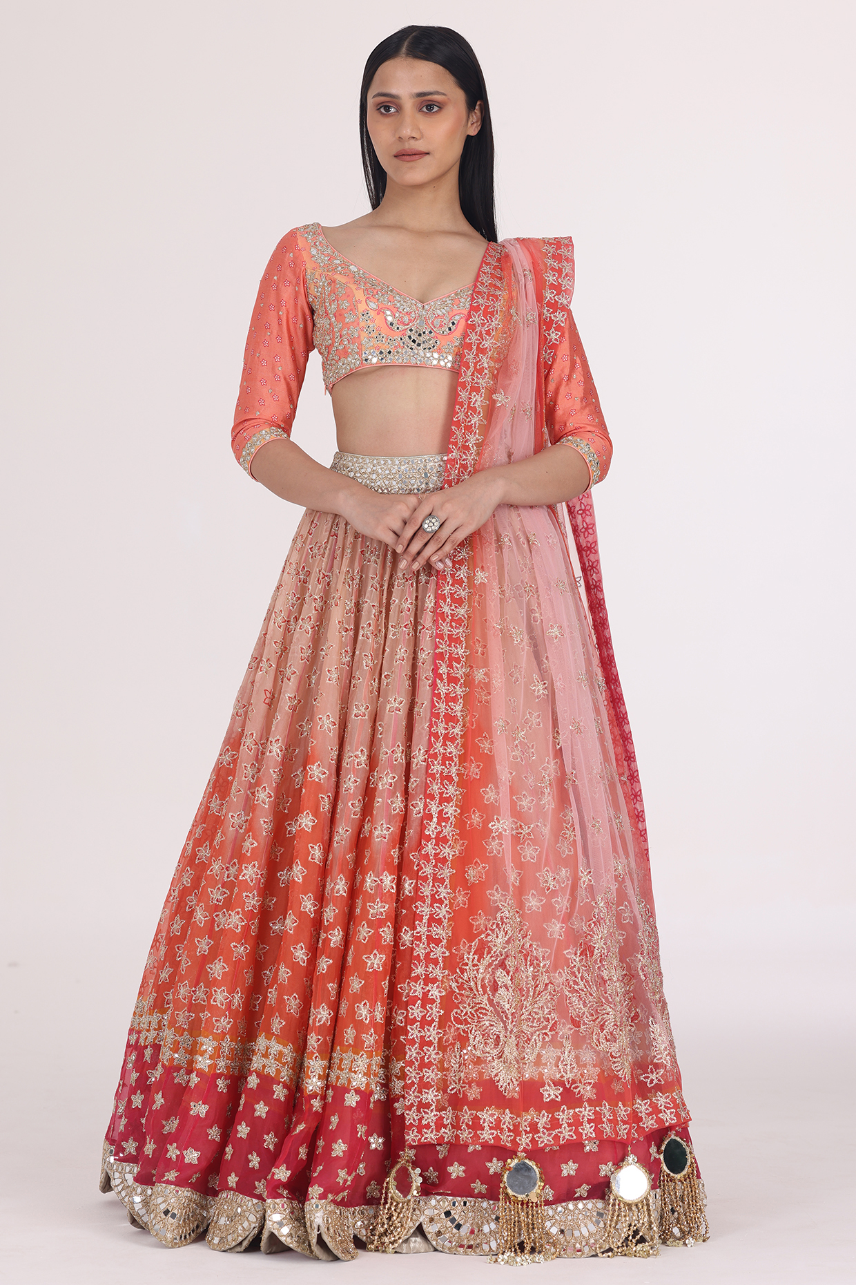 Peach & Orange Organza Printed Bridal Lehenga Set by Abhinav Mishra at Pernia's Pop Up Shop