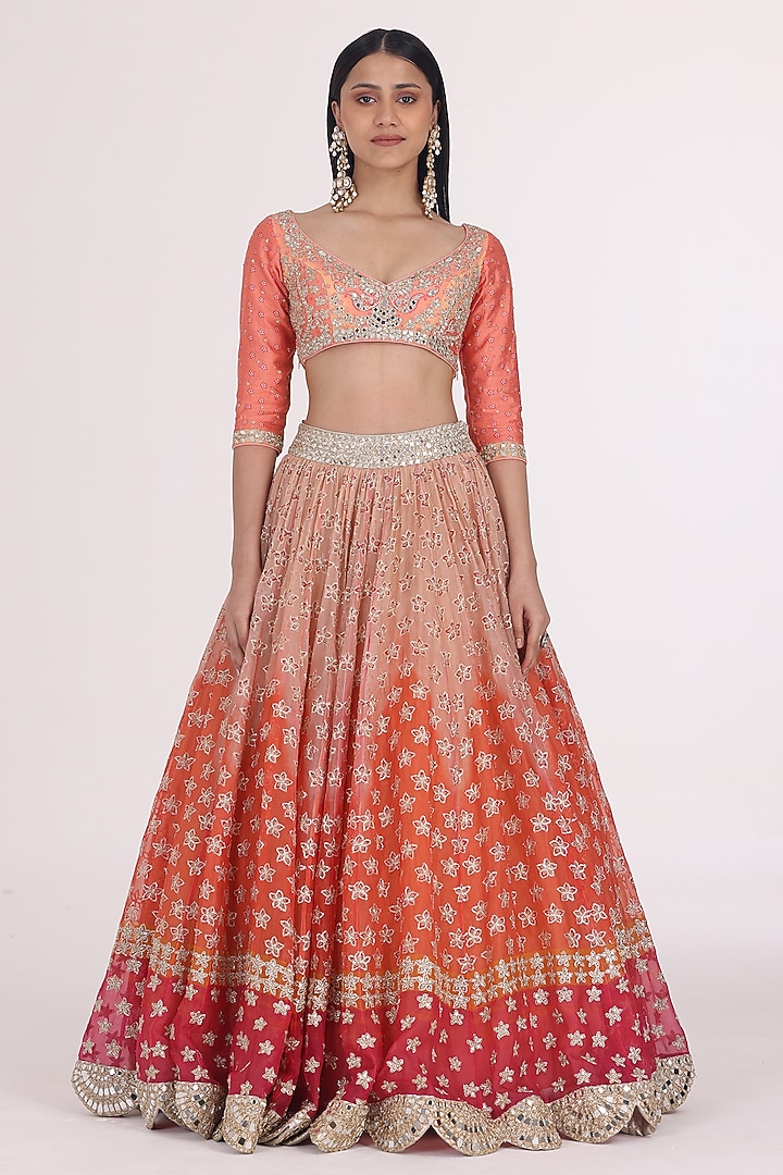Peach & Orange Organza Printed Bridal Lehenga Set by Abhinav Mishra at Pernia's Pop Up Shop