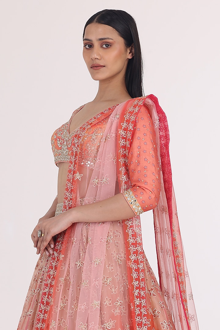 Peach & Orange Organza Printed Bridal Lehenga Set by Abhinav Mishra at Pernia's Pop Up Shop