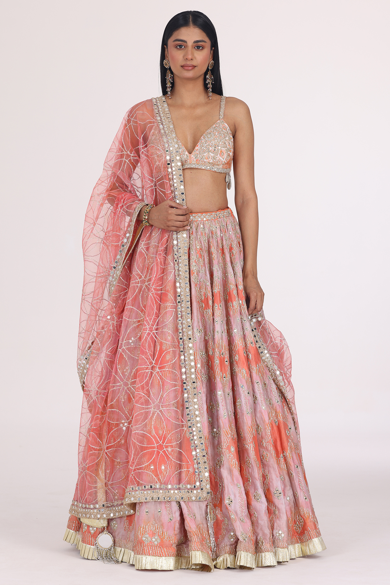 Peach & Soft Pink Chanderi Printed Bridal Lehenga Set by Abhinav Mishra at Pernia's Pop Up Shop