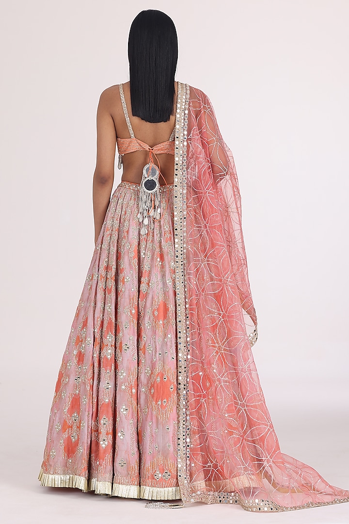 Peach & Soft Pink Chanderi Printed Bridal Lehenga Set by Abhinav Mishra at Pernia's Pop Up Shop