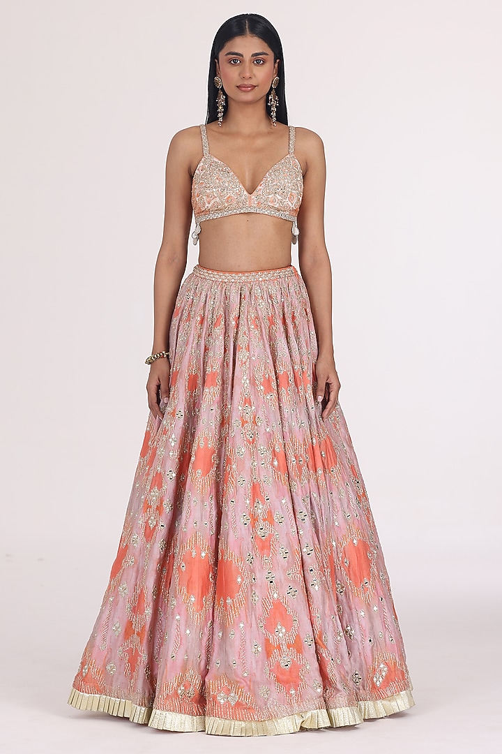 Peach & Soft Pink Chanderi Printed Bridal Lehenga Set by Abhinav Mishra at Pernia's Pop Up Shop