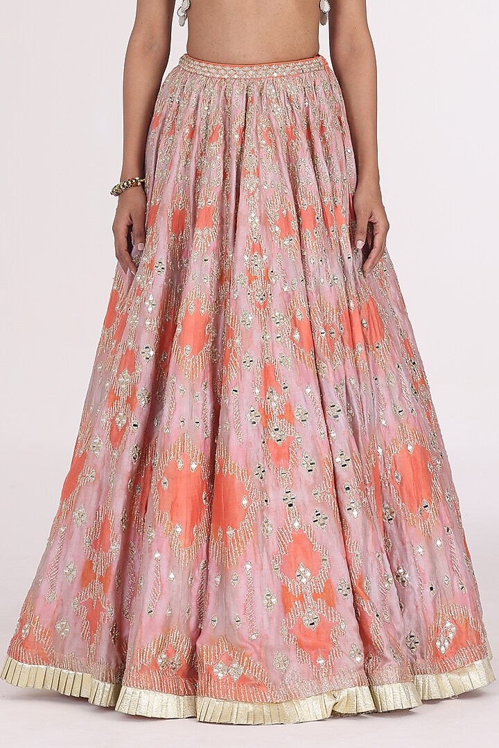 Peach & Soft Pink Chanderi Printed Bridal Lehenga Set by Abhinav Mishra at Pernia's Pop Up Shop