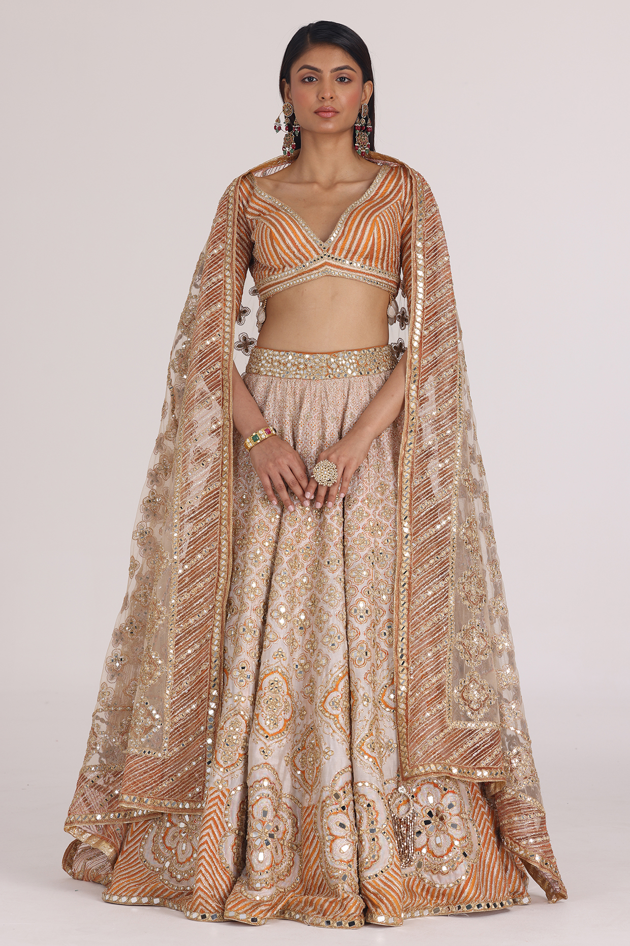 Beige Chanderi Printed Bridal Lehenga Set by Abhinav Mishra at Pernia's Pop Up Shop