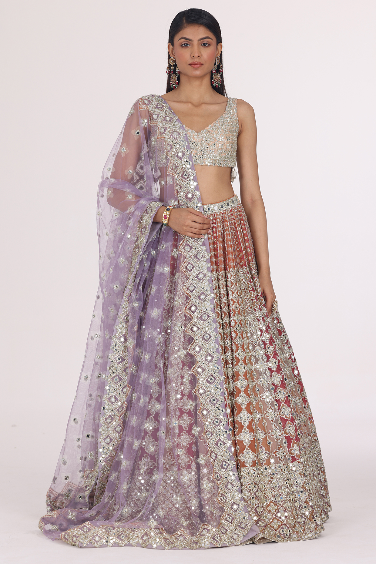 Multi-Colored Net Embroidered Bridal Lehenga Set by Abhinav Mishra at Pernia's Pop Up Shop