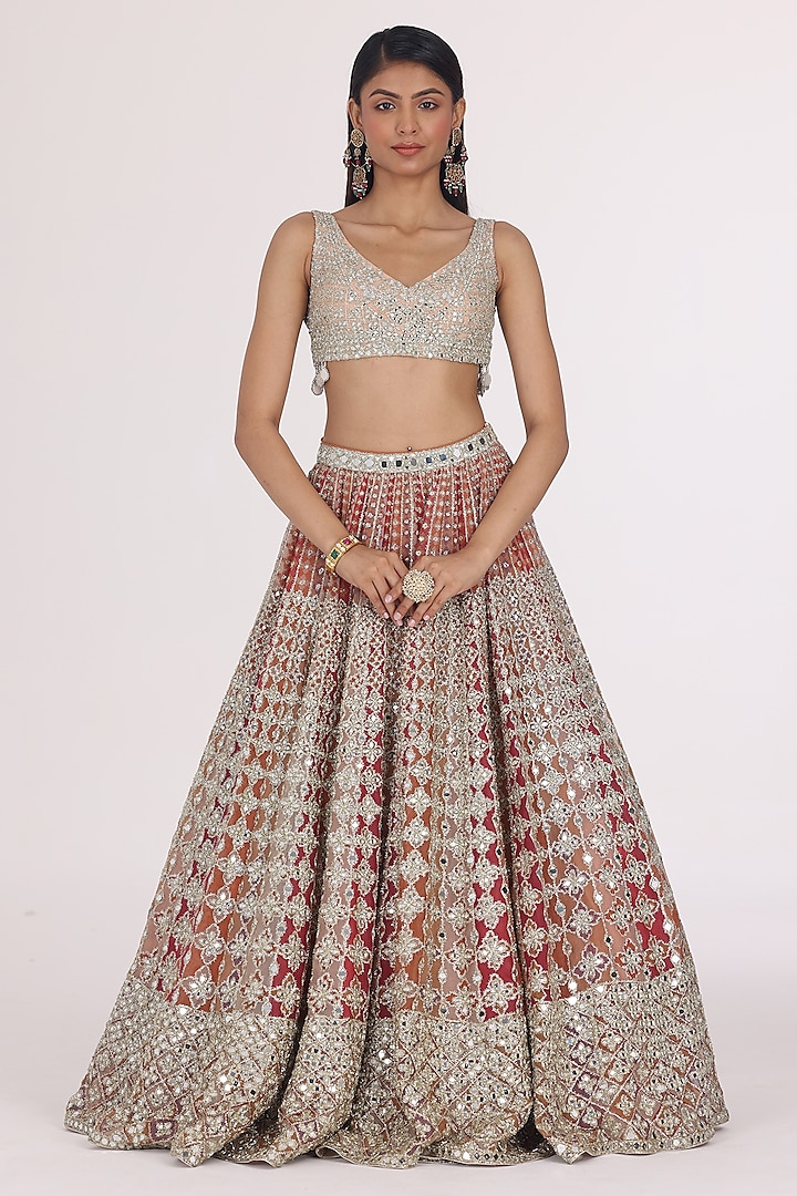 Multi-Colored Net Embroidered Bridal Lehenga Set by Abhinav Mishra at Pernia's Pop Up Shop