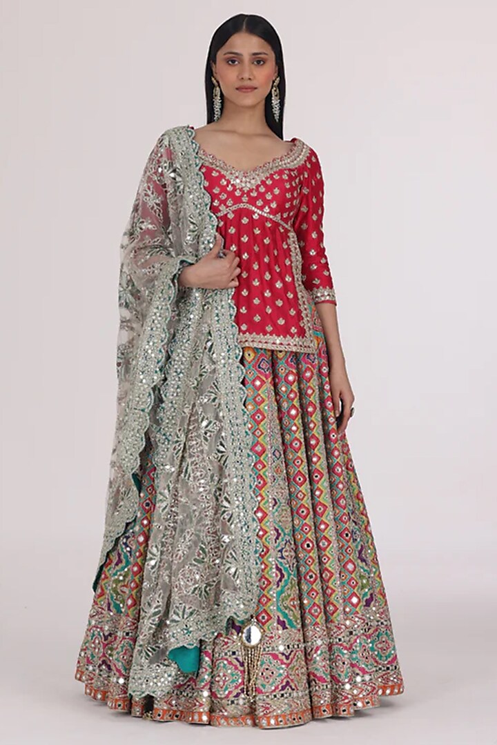 Multi-Colored Chanderi Gota Embroidered Bridal Lehenga Set by Abhinav Mishra at Pernia's Pop Up Shop