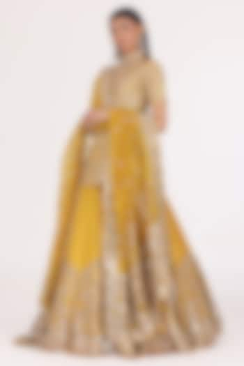 Goldenrod Haldi Chanderi Gota & Mirror Embellished Lehenga Set by Abhinav Mishra