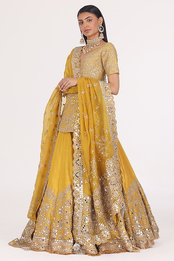 Goldenrod Haldi Chanderi Gota & Mirror Embellished Lehenga Set by Abhinav Mishra