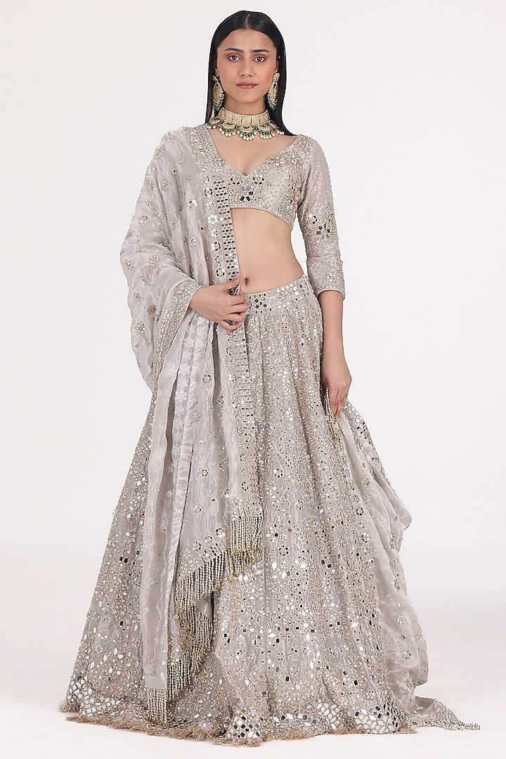 Silver Tissue Zari & Mirror Embellished Bridal Lehenga Set by Abhinav Mishra at Pernia's Pop Up Shop