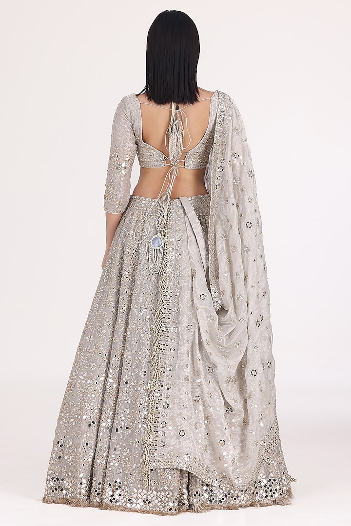 Silver Tissue Zari & Mirror Embellished Bridal Lehenga Set by Abhinav Mishra at Pernia's Pop Up Shop