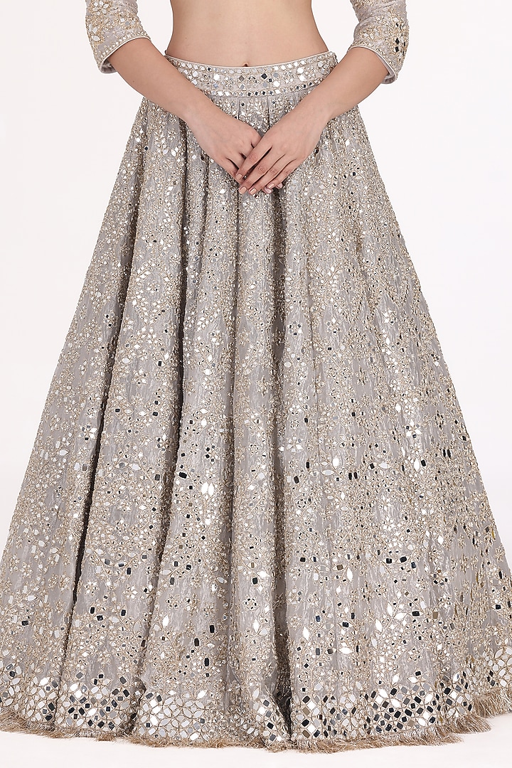 Silver Tissue Zari & Mirror Embellished Bridal Lehenga Set by Abhinav Mishra at Pernia's Pop Up Shop