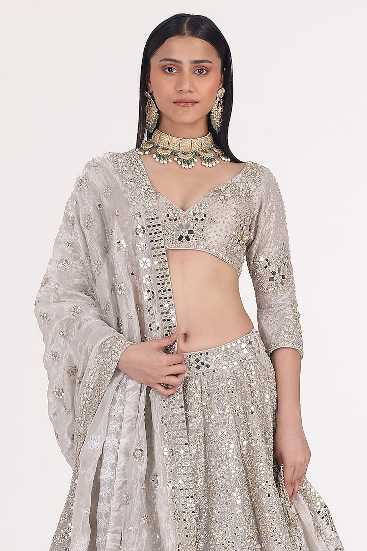 Silver Tissue Zari & Mirror Embellished Bridal Lehenga Set by Abhinav Mishra at Pernia's Pop Up Shop