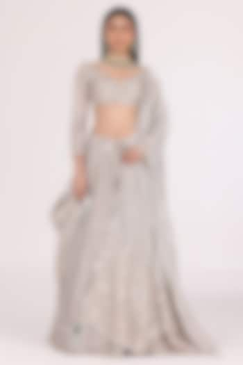 Silver Tissue Zari & Mirror Embellished Bridal Lehenga Set by Abhinav Mishra at Pernia's Pop Up Shop