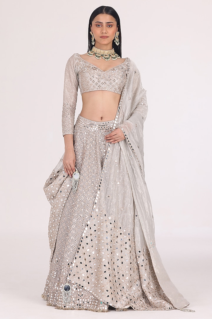 Silver Tissue Zari & Mirror Embellished Bridal Lehenga Set by Abhinav Mishra at Pernia's Pop Up Shop