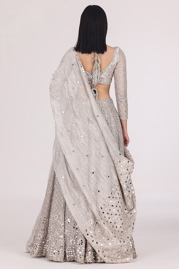 Silver Tissue Zari & Mirror Embellished Bridal Lehenga Set by Abhinav Mishra at Pernia's Pop Up Shop