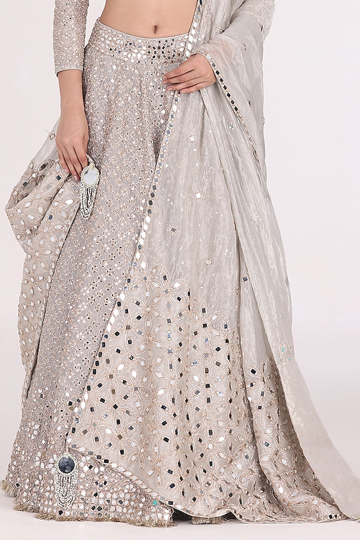 Silver Tissue Zari & Mirror Embellished Bridal Lehenga Set by Abhinav Mishra at Pernia's Pop Up Shop