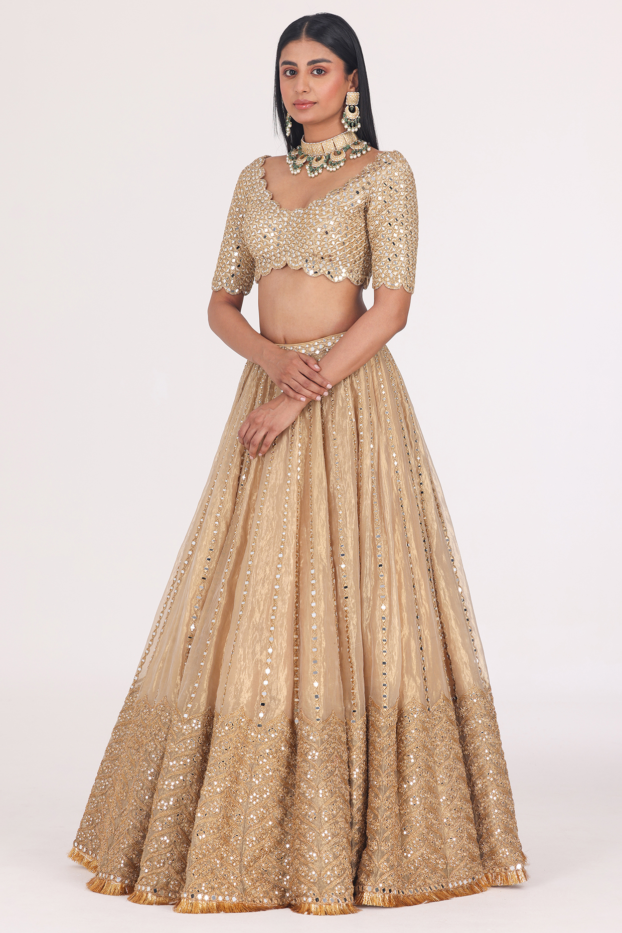 Golden Beige Tissue Mirror Embellished Bridal Lehenga Set by Abhinav Mishra at Pernia's Pop Up Shop