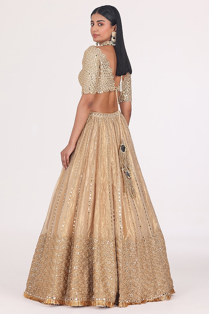 Golden Beige Tissue Mirror Embellished Bridal Lehenga Set by Abhinav Mishra at Pernia's Pop Up Shop