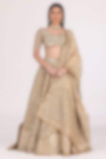 Golden & Beige Tissue Gota & Mirror Embellished Bridal Lehenga Set by Abhinav Mishra at Pernia's Pop Up Shop