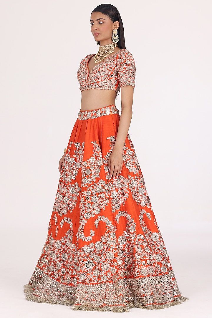 Amber Chanderi Gota & Mirror Embellished Bridal Lehenga Set by Abhinav Mishra at Pernia's Pop Up Shop