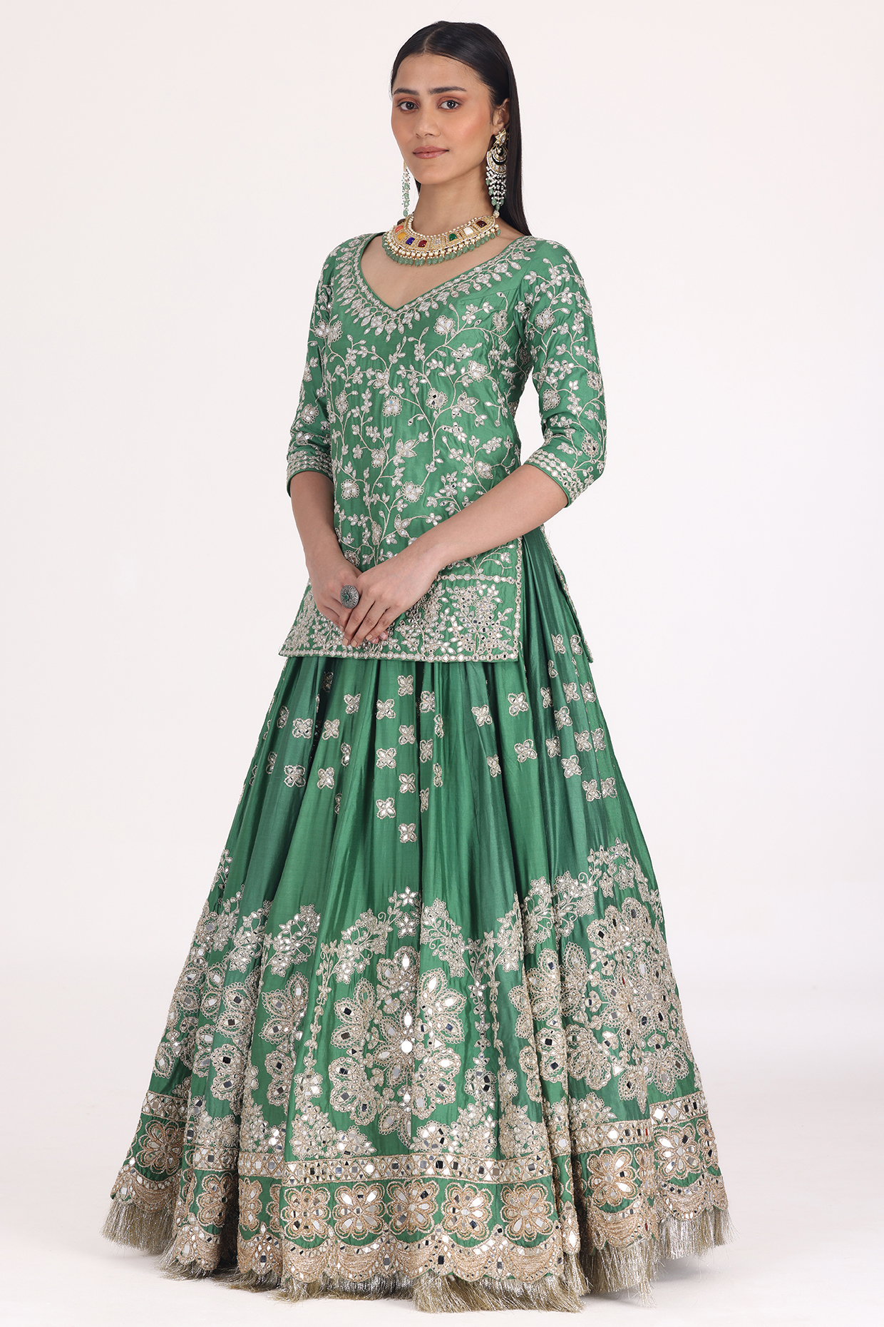 Emerald Green Chanderi Mirror Work Bridal Lehenga Set by Abhinav Mishra at Pernia's Pop Up Shop