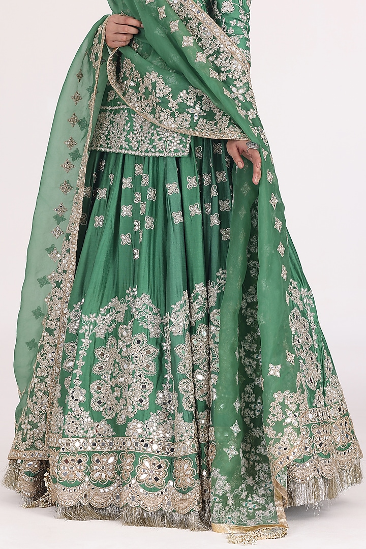 Emerald Green Chanderi Mirror Work Bridal Lehenga Set by Abhinav Mishra at Pernia's Pop Up Shop